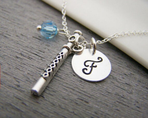 Flute Music Charm Swarovski Birthstone Initial Personalized Sterling Silver Necklace - Gift for Her