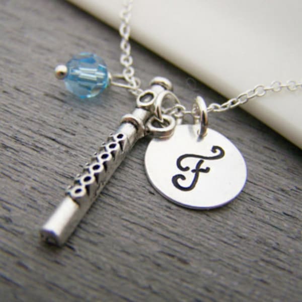 Flute Music Charm Swarovski Birthstone Initial Personalized Sterling Silver Necklace - Gift for Her