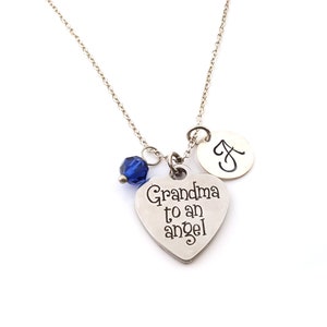 Grandma to an Angel Charm-  Birthstone Necklace - Personalized Initial Memorial Necklace - Sterling Silver Jewelry - Gift for Her