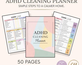 May include: A printable cleaning planner with a colorful abstract design. The planner is titled "ADHD Cleaning Planner" and includes a daily cleaning schedule with tasks like "Make Beds", "Empty Laundry", "Take Out Trash", and "Clean Kitchen". The planner is editable in Canva and includes 50 pages.