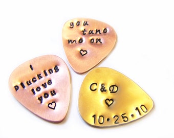 Custom Hand Stamped Silver, Brass or Copper Guitar Pick / Gift for Him