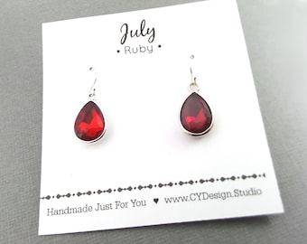 Pendientes con piedra de nacimiento de julio: pendientes de lágrima de plata de ley con cristal de rubí rojo - Regalo para ella