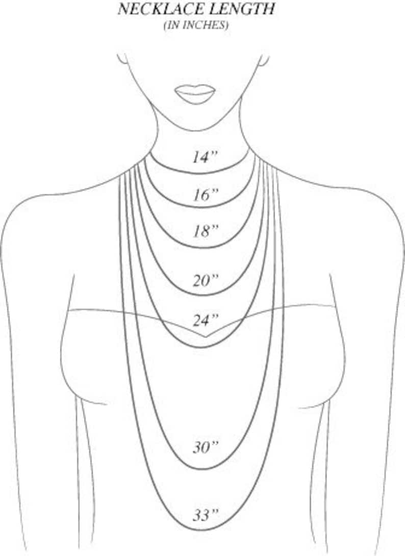 Puede incluir: Diagrama que muestra diferentes longitudes de collar en pulgadas, de 14 pulgadas a 33 pulgadas.