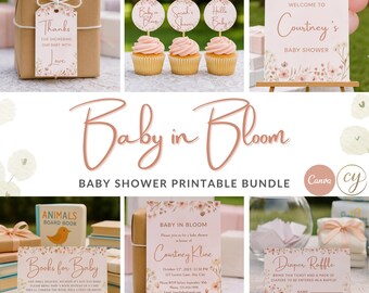 Baby in Bloom Baby Shower Invitation Bundle Printable | Invitation, Thank You Card, Favor Tags | Editable in Canva Floral Baby Shower