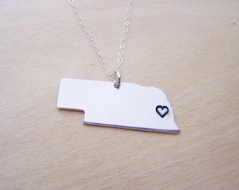 Hand Stamped Heart Nebraska State Sterling Silver Necklace / Gift for Her
