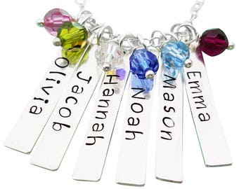 Swarovski Crystal Personalized Mother and Grandmother Hand Stamped Name Bar Sterling Silver Necklace - Mother's day Gift - Grandma Jewelry