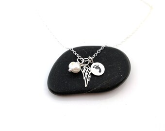 Footprint Angel Wing Necklace 925 Sterling Silver Memorial Necklace - Sympathy Jewelry -