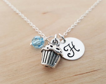 Cupcake Charm Necklace - Baker Necklace -  Swarovski Birthstone - Custom Initial - Personalized Sterling Silver Necklace / Gift for Her