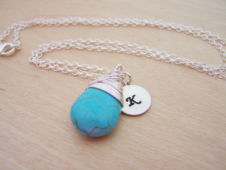 Wire Wrapped Turquoise Briolette Sterling Silver Initial Stamped Necklace Gift for Her