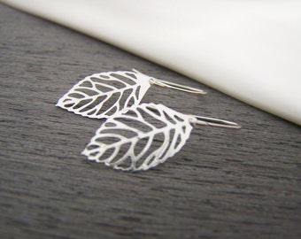 Bright Silver Leaf Sterling Silver Dangle Earrings / Gift for Her
