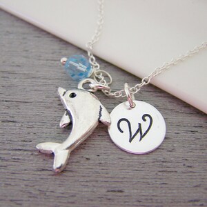 Dolphin Charm Swarovski Birthstone Initial Personalized Sterling Silver Necklace / Gift for Her