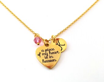 A Piece Of My Heart Is In Heaven- Memorial Gift- Gold- Swarovski Birthstone - Personalized Initial Necklace - Gold Jewelry - Gift for Her