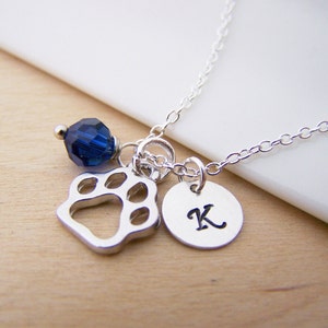 Paw Print Dog Cat Animal Pet Charm Swarovski Birthstone Initial Personalized Sterling Silver Necklace / Gift for Her image 1