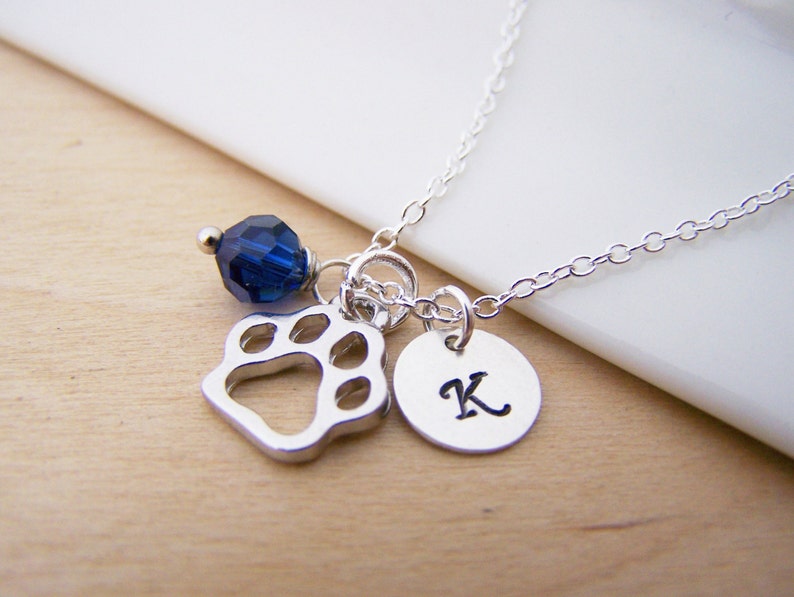 Paw Print Dog Cat Animal Pet Charm Swarovski Birthstone Initial Personalized Sterling Silver Necklace / Gift for Her image 1