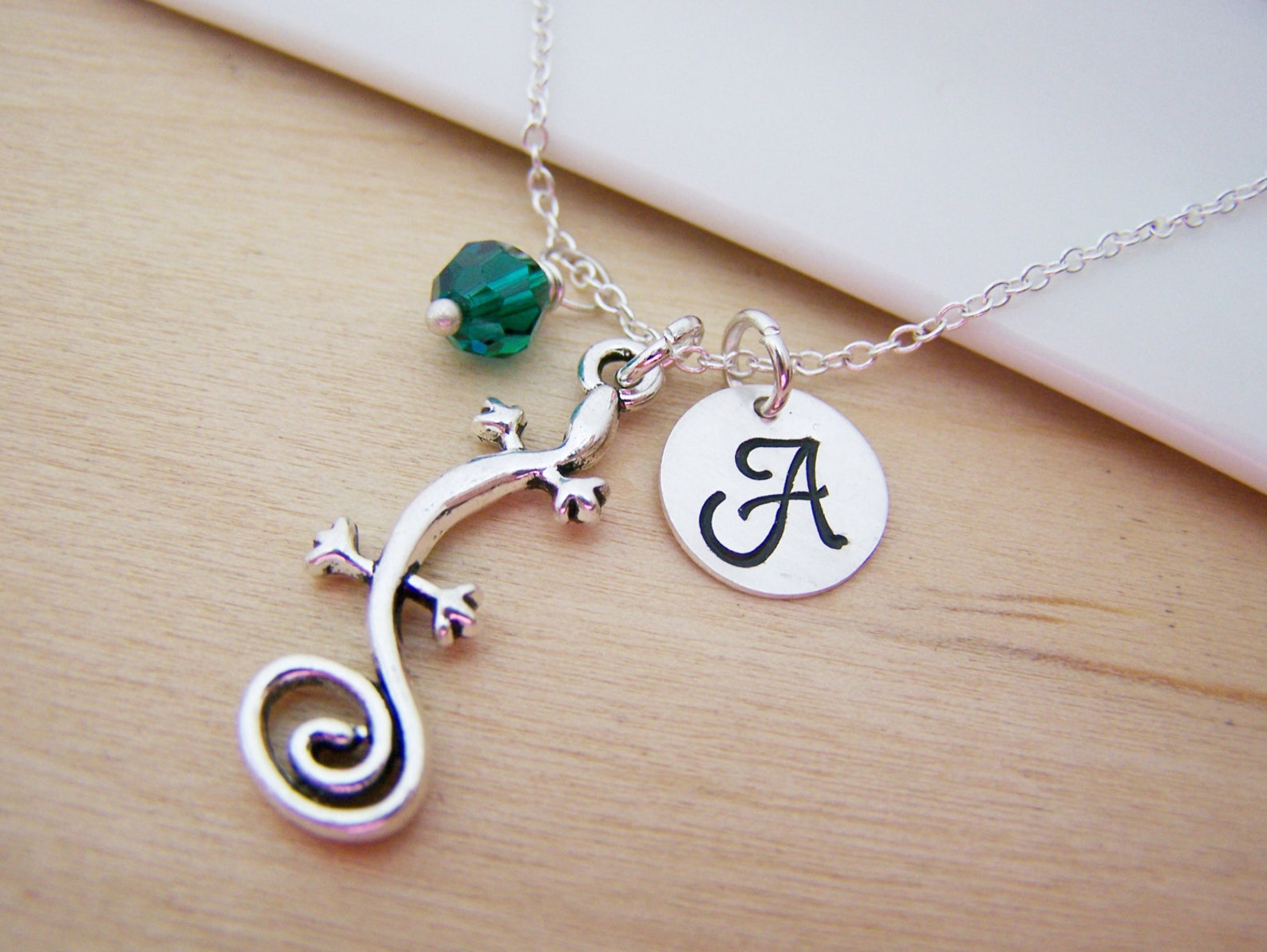 Gecko Lizard Charm Swarovski Birthstone Initial Personalized Sterling ...