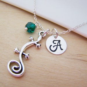 Gecko Lizard Charm Swarovski Birthstone Initial Personalized Sterling Silver Necklace / Gift for Her - Personalized Jewelry