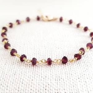 Garnet Gemstone Layering Bracelet - Wire Wrapped Rosary Chain Bracelet - 14k Gold Filled Jewelry - Gift for Her