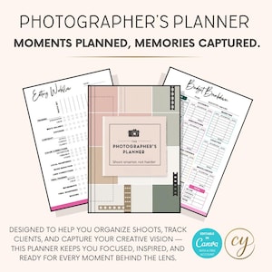 May include: A pink and green planner with the text "The Photographer's Planner" and "Shoot smarter, not harder". The planner is designed to help photographers organize shoots, track clients, and capture their creative vision.