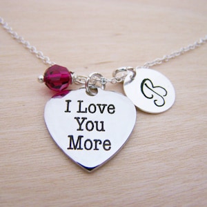 I Love You More Heart Charm Swarovski Birthstone Initial Personalized Sterling Silver Necklace / Gift for Her - Heart Necklace