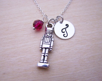 Nutcracker Charm Swarovski Birthstone Initial Personalized Sterling Silver Necklace / Gift for Her