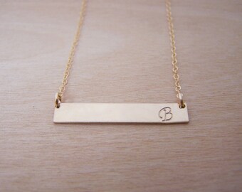 14k Gold Filled Hand-stamped Initial Bar Necklace - Personalized Minimalist Necklace - Gift for Her