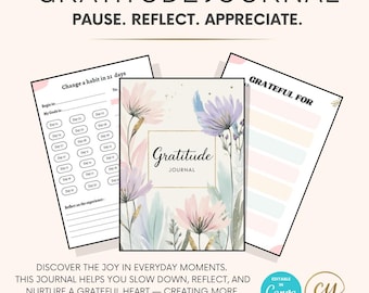 Può includere: Un design floreale ad acquerello con una cornice dorata e il testo "Gratitude Journal" su uno sfondo rosa. Il diario è per praticare la gratitudine e include suggerimenti per riflettere sui momenti quotidiani.