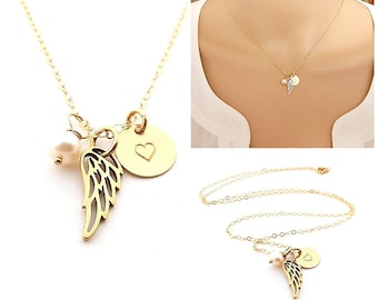 Angel Wing Necklace - 14k Gold Fill - Memorial Jewelry - Sympathy Gift - Loss Necklace - Personalized Initial Birthstone Necklace