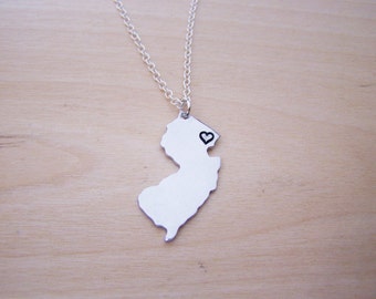 Hand Stamped Heart New Jersey State Sterling Silver Necklace / Gift for Her