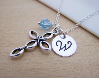 Silver Cross Charm Swarovski Birthstone Initial Personalized Sterling Silver Necklace / Gift for Her