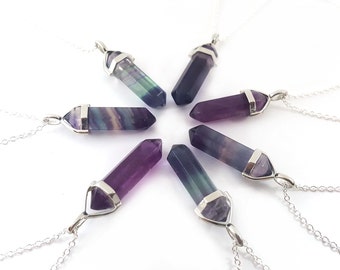 Rainbow Flourite Gemstone Crystal Pendant Necklace - Crystal Point Necklace - Sterling Silver Necklace - Simple Everyday Jewelry - Gift