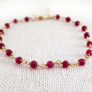 Dyed Ruby Gemstone Layering Bracelet - Wire Wrapped Rosary Chain Bracelet - 14k Gold Filled Jewelry - Gift for Her