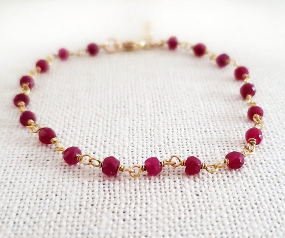Dyed Ruby Gemstone Layering Bracelet - Wire Wrapped Rosary Chain Bracelet - 14k Gold Filled Jewelry - Gift for Her