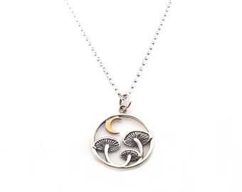 Magic Mushroom with Gold Moon Charm - Sterling Silver Necklace - Gift for Her