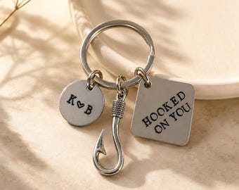 Hooked On You Keychain | Fishing Gift for Dad • Personalized Fisherman Keychain • Father’s Day Gift from Kids • Custom Initials