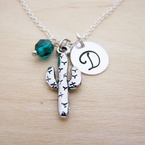 Cactus Charm Swarovski Birthstone Initial Personalized Sterling Silver Necklace / Gift for Her - Cactus Necklace - Western Necklace