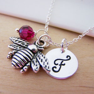 Bumble Bee Insect Charm Swarovski Birthstone Initial Personalized Sterling Silver Necklace / Gift for Her