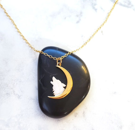 Howling Wolf and Moon Charm 14k Gold Filled Necklace - Gift for Her