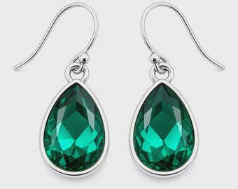 May Birthstone Earrings - Emerald Crystal Sterling Silver Teardrop Earrings - Gift for Her