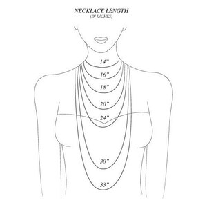 May include: A line drawing of a person wearing necklaces of different lengths, showing the measurements in inches: 14", 16", 18", 20", 24", 30", and 33".