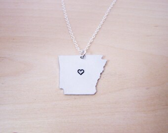 Hand Stamped Heart Arkansas State Sterling Silver Necklace / Gift for Her