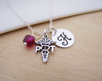 Physical Therapist / Physical Therapy Medical Charm Swarovski Birthstone Initial Personalized Sterling Silver Necklace / Gift for Her