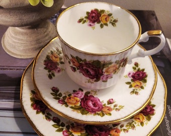 Antique English Bone China teacup set Elizabethan " Cottage Roses "