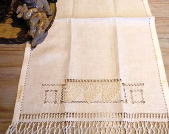 Irish Bath towel hemstitched with lace, guest bath towel hand knotted fringe as antique, linen as heritage