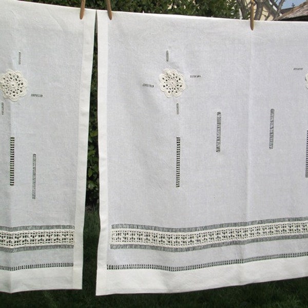 linen curtain with insertion crocheted lace, Linen and lace hemstitched curtains ,