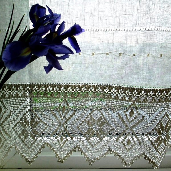 Irish linen and lace hemstitched curtain , Drawn-thread embroidered Linen, Linen curtains