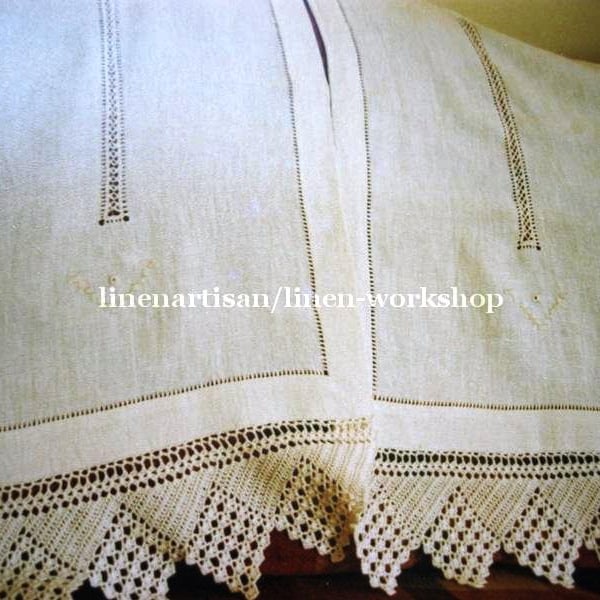 Linen and lace ADDED to the end of hem curtain, hemstitched and drawn-work curtains, Irish curtains