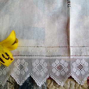 Linen and Lace net curtains , Hemstitched Linen curtains with hand crocheted lace, Drawn- thread work curtains