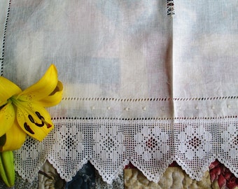 Linen and Lace net curtains , Hemstitched Linen curtains with hand crocheted lace, Drawn- thread work curtains