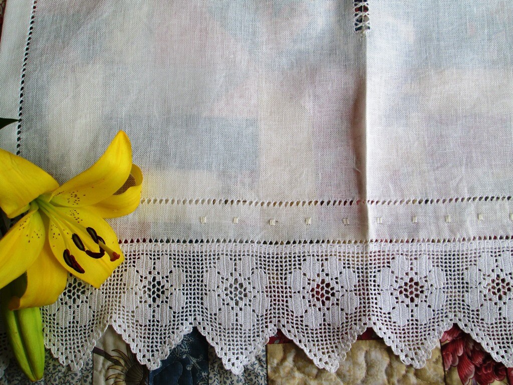 Linen and Lace net curtains Hemstitched Linen curtains with | Etsy