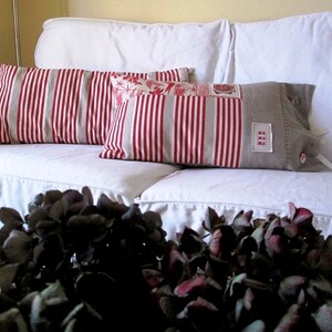 Ticking mattress and print cover cushion, red print n' stripes French inspired pillow image 2